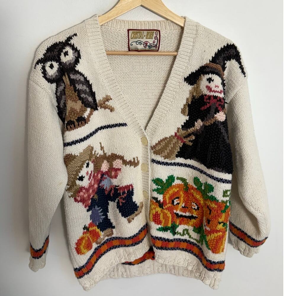 Vintage 90's Crystal Kobe Fall Halloween witch owl pumpkin cardigan